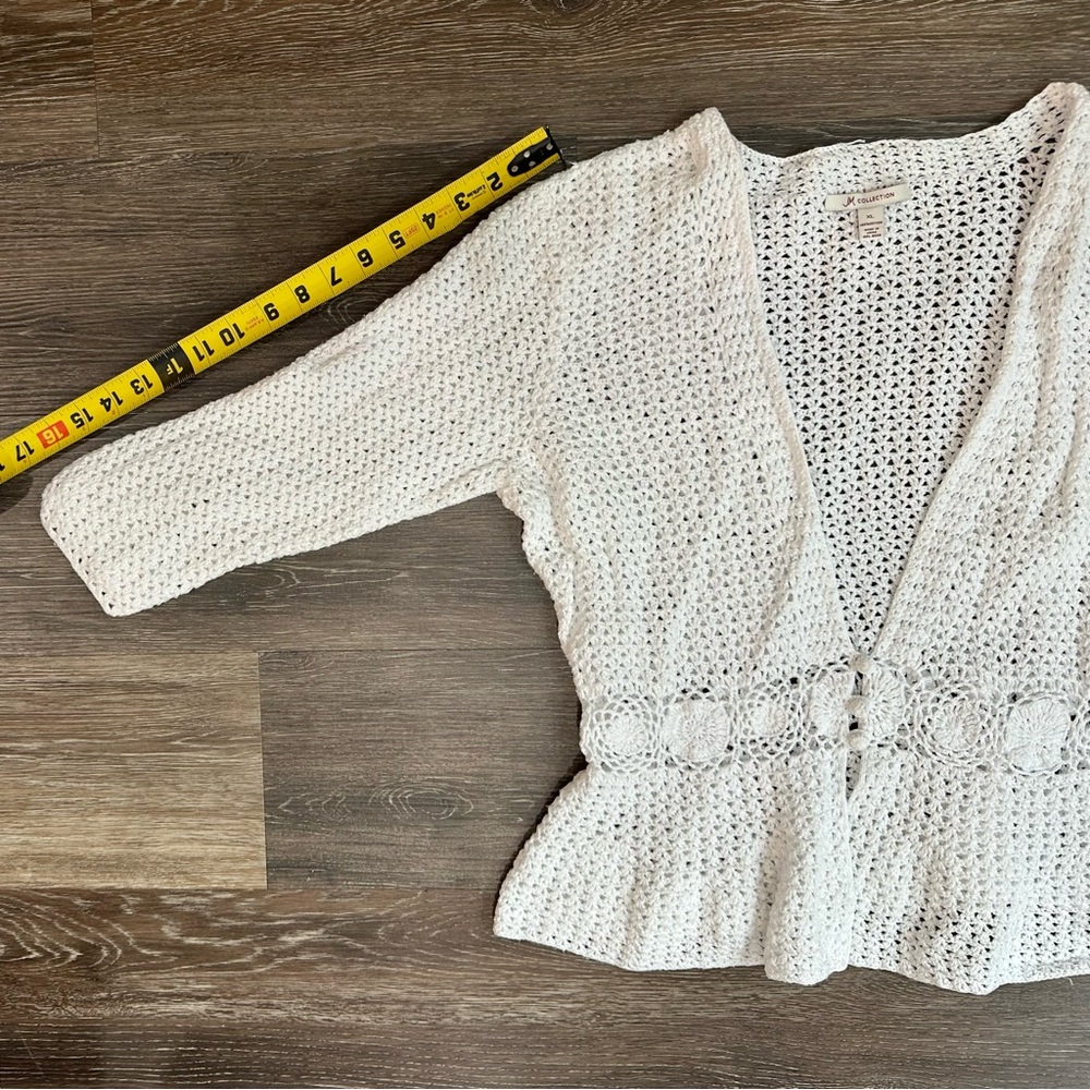 JM Collection White Crochet Lace Cardigan XL Boho Coastal Cottagecore Knit - Picture 3 of 8